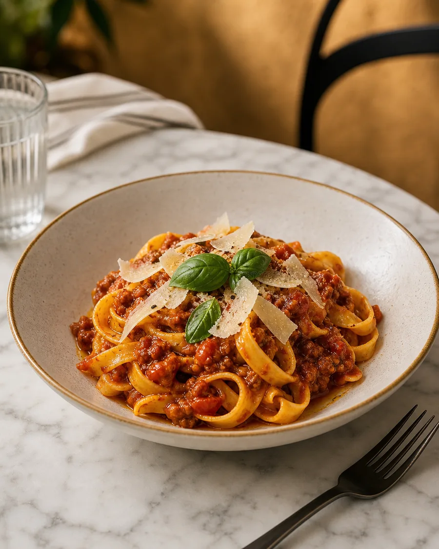 Pasta met ragu en parmezaan